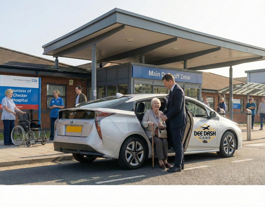 Medical passenger being helped towards hospital